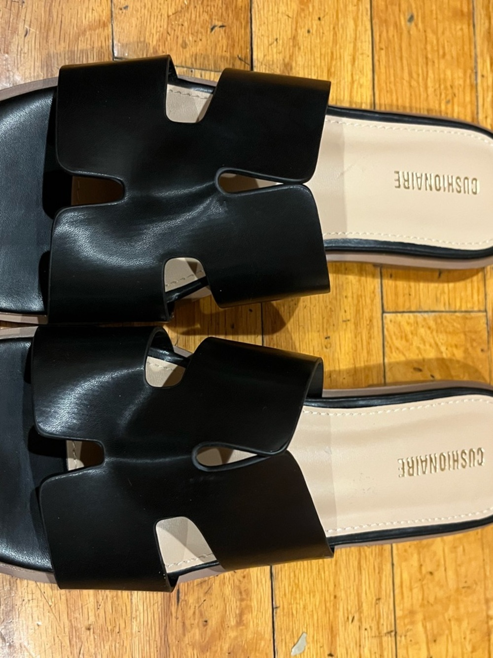 Dushionaire Black Leather Cutout Slide Mules
